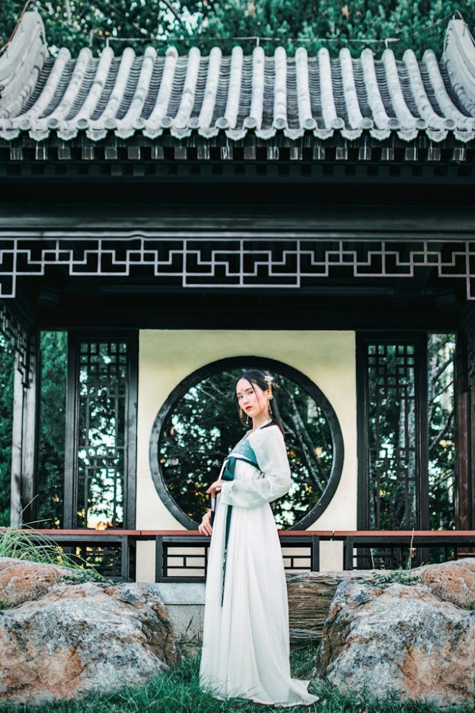 pexels photo 2693668 Woman in Hanfu dress posing in front of traditional Chinese architecture in Beijing, China.